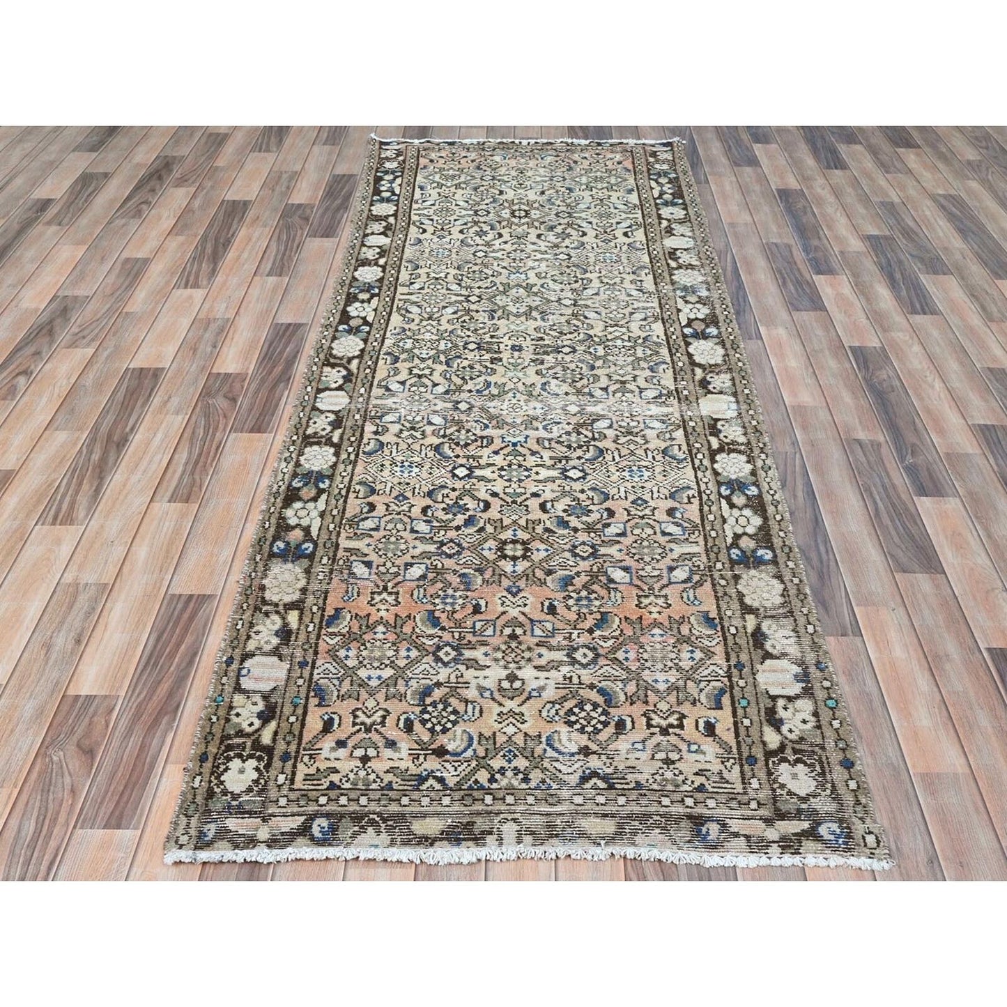 3'5"X9'2" Beige Hand Old Vintage Farsian Amadan Worn Down Wool Runner Rug