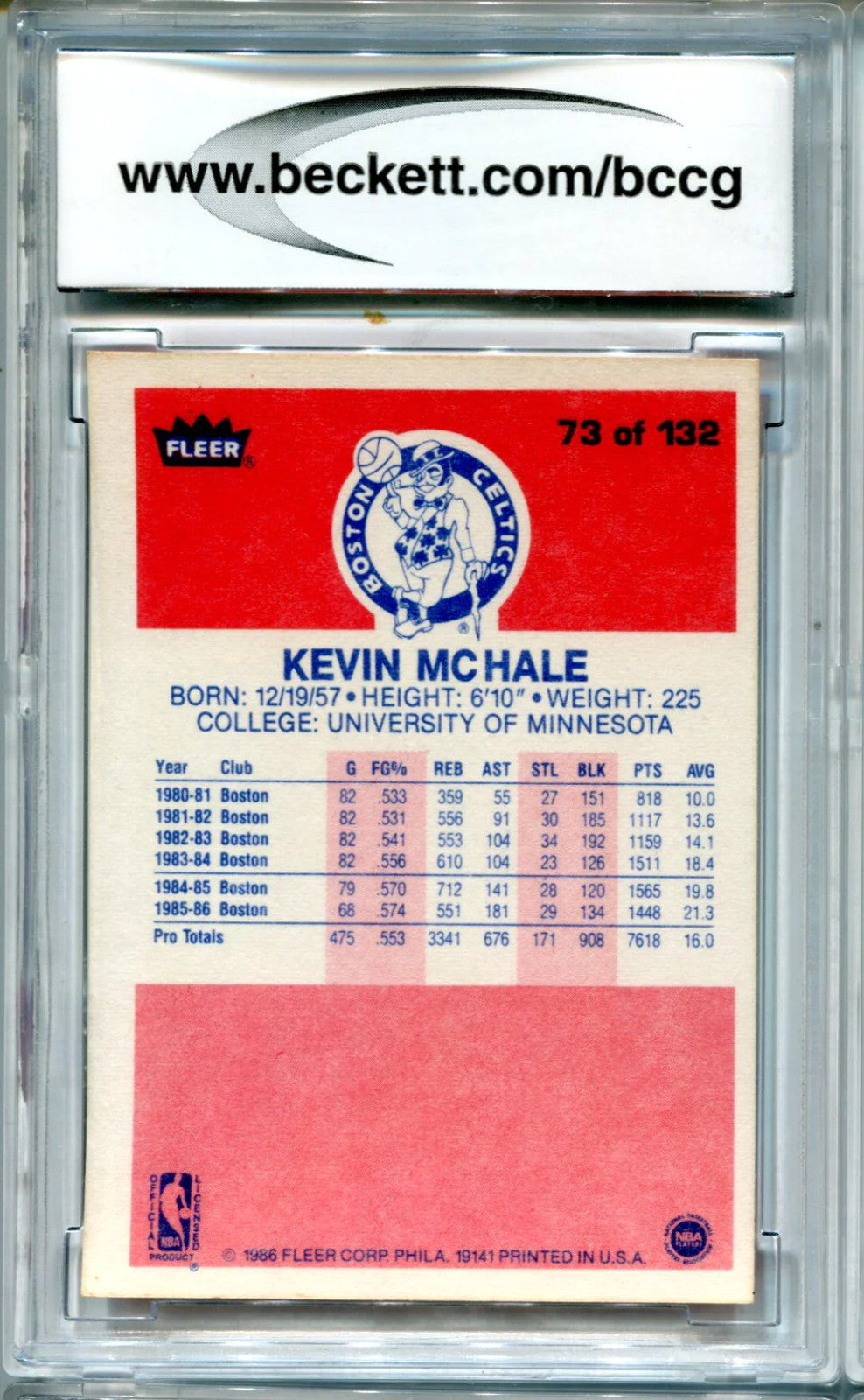 Kevin Mchale 1986-87 Fleer Premier #73 Bccg Nm 9