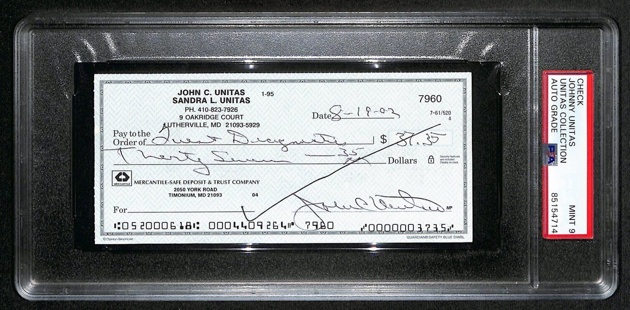 Johnny Unitas Signed 8/19/02 Check Psa/Dna Mint 9