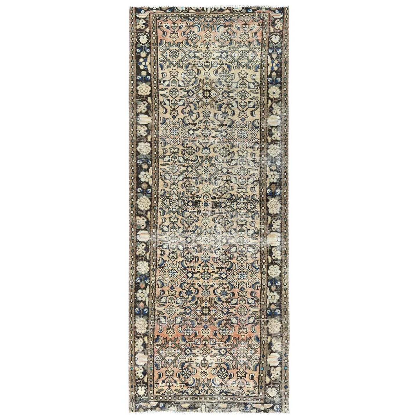 3'5"X9'2" Beige Hand Old Vintage Farsian Amadan Worn Down Wool Runner Rug