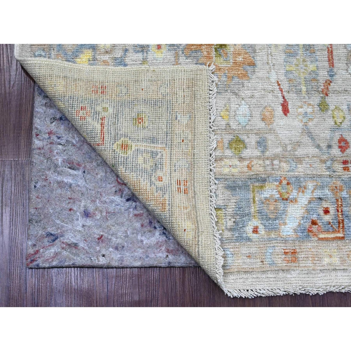 4'1"X10'1" White Hand Knotted Angora Oushak Leaf Design Wool Runner Rug