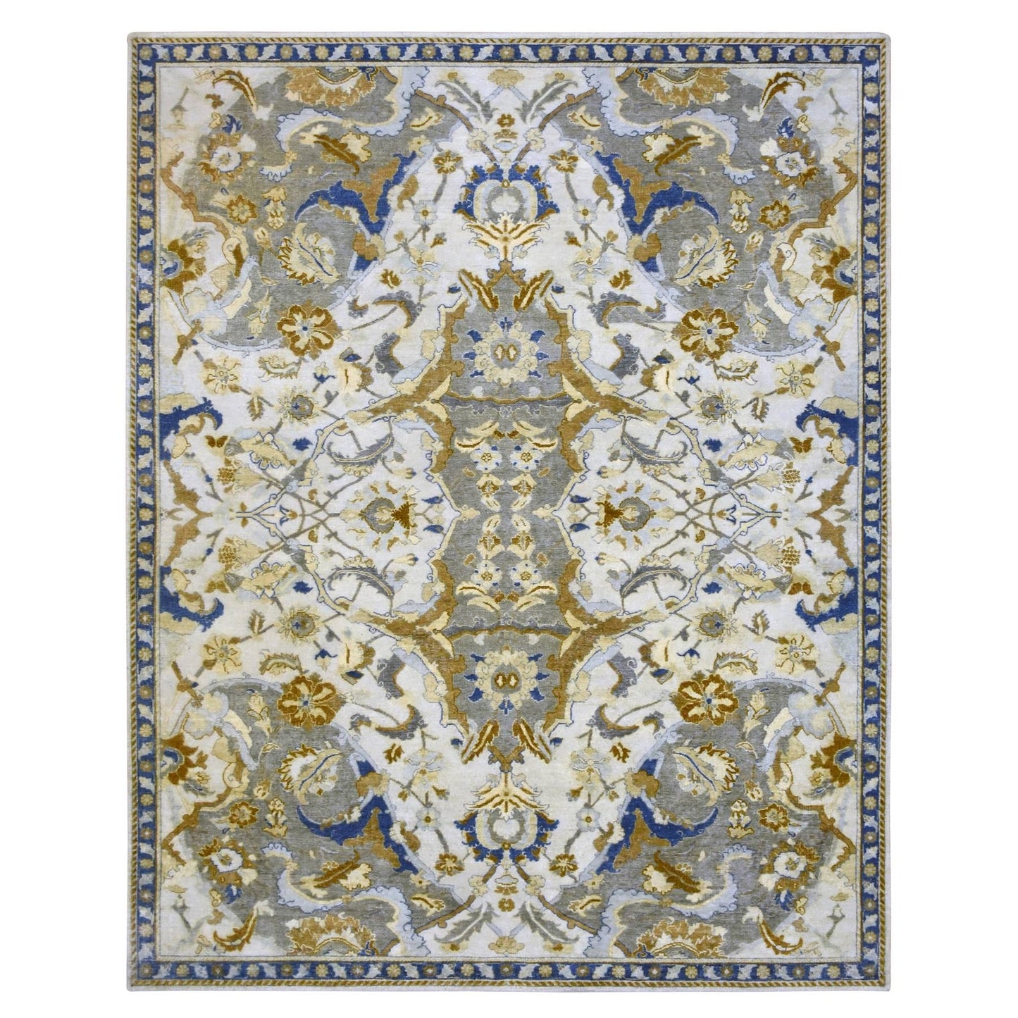 8'1"X10'2" Ivory Zoroastrian Ispahan Inspired Hand Knotted 100% Wool Rug