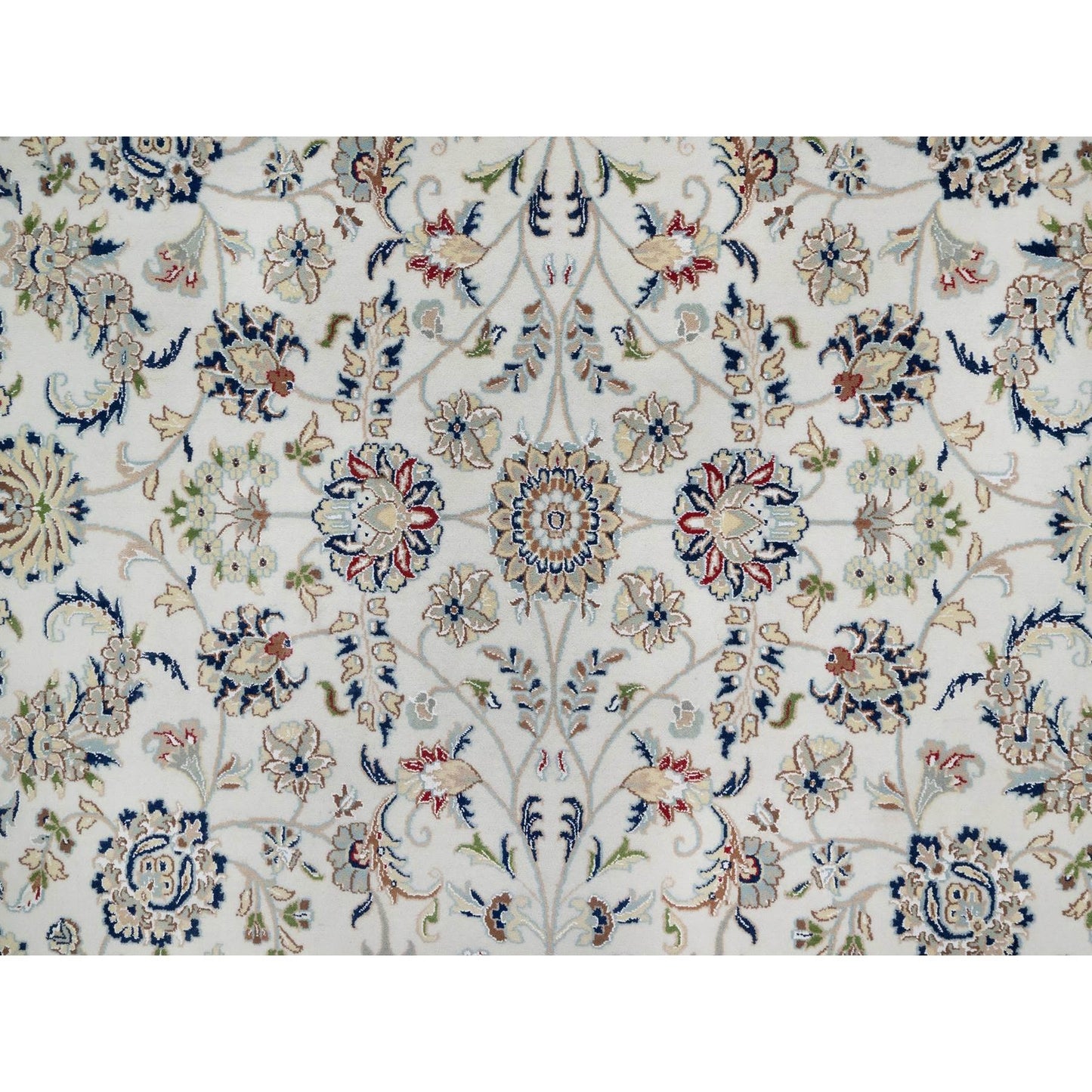 10'2"X10'2" White Nain Flower Motif Wool And Silk Hand Knotted Square Rug