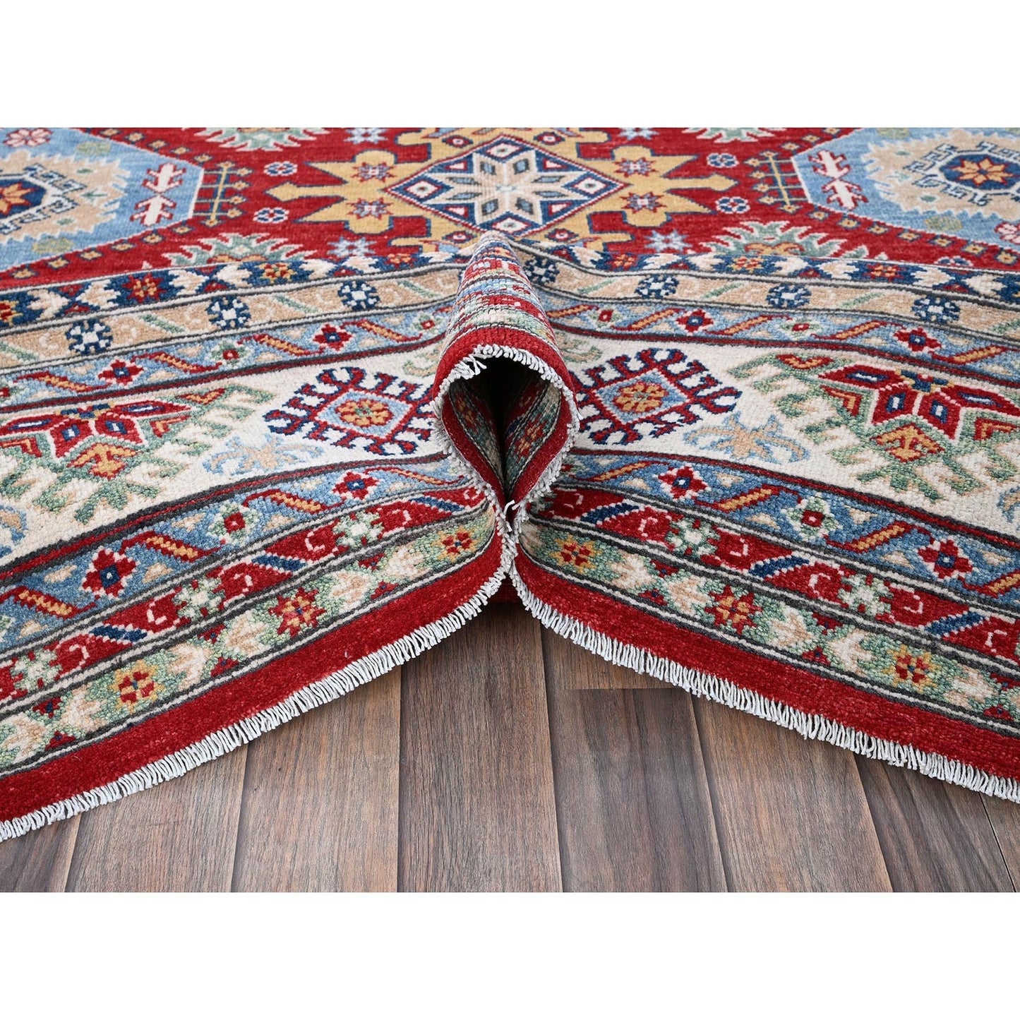 8'2"X9'8" Red Kazak With Geometric Medallions Design Wool Hand Knotted Rug