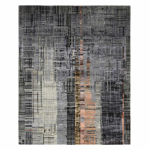 8'X10' Black Ghazni Wool And Silk Modern Design Hand Knotted Rug