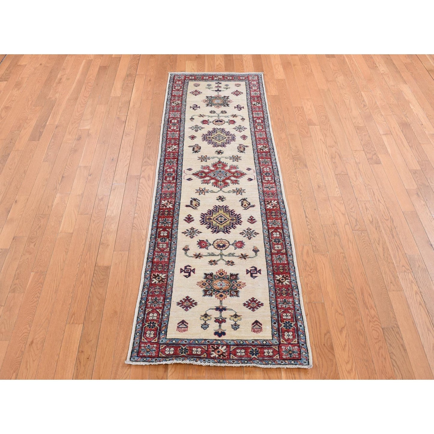 2'9"X8'7" Bone White Afghan Super Kazak Hand Knotted Pure Wool Runner Rug