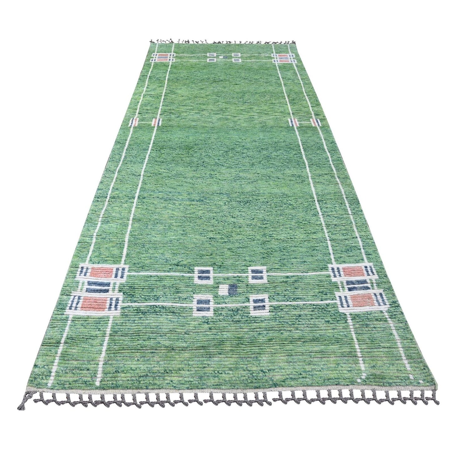 5'1"X12'3" Green Moroccan Weave Line Design Wool Hand Knotted Runner Rug