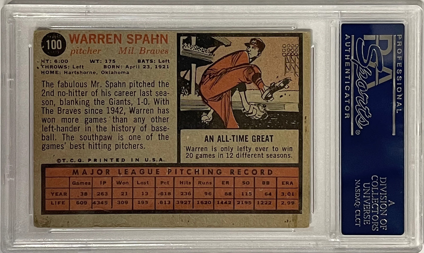 Warren Spahn Autographed 1962 Topps Card #100