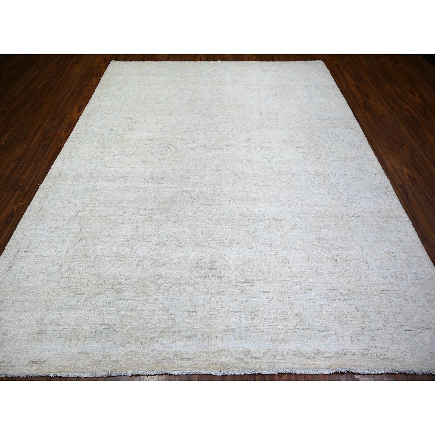 8'X9'8" Cream Hand Knotted White Wash Peshawar Extra Soft Wool Rug
