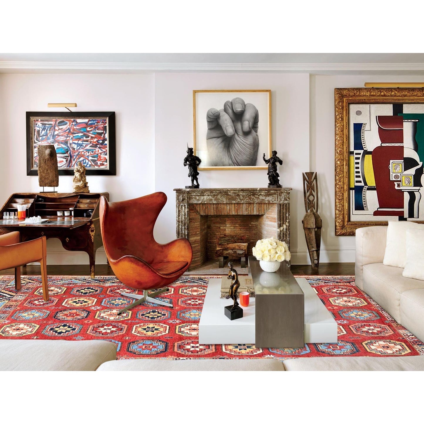 10'X13'10" Red Afghan Ersari Design Hand Knotted Natural Wool Rug