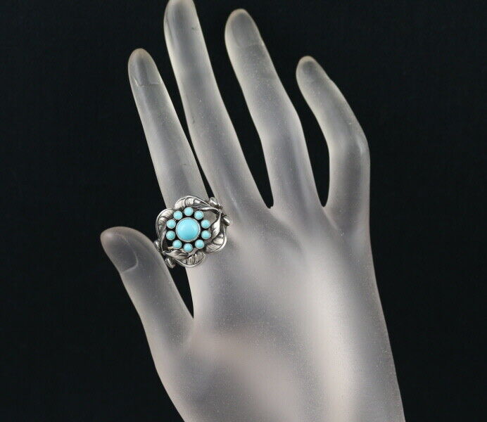 Georg Jensen Ring Turquoise 10 Flower Leaf Us8.5-8.75 925 Sterling Silver