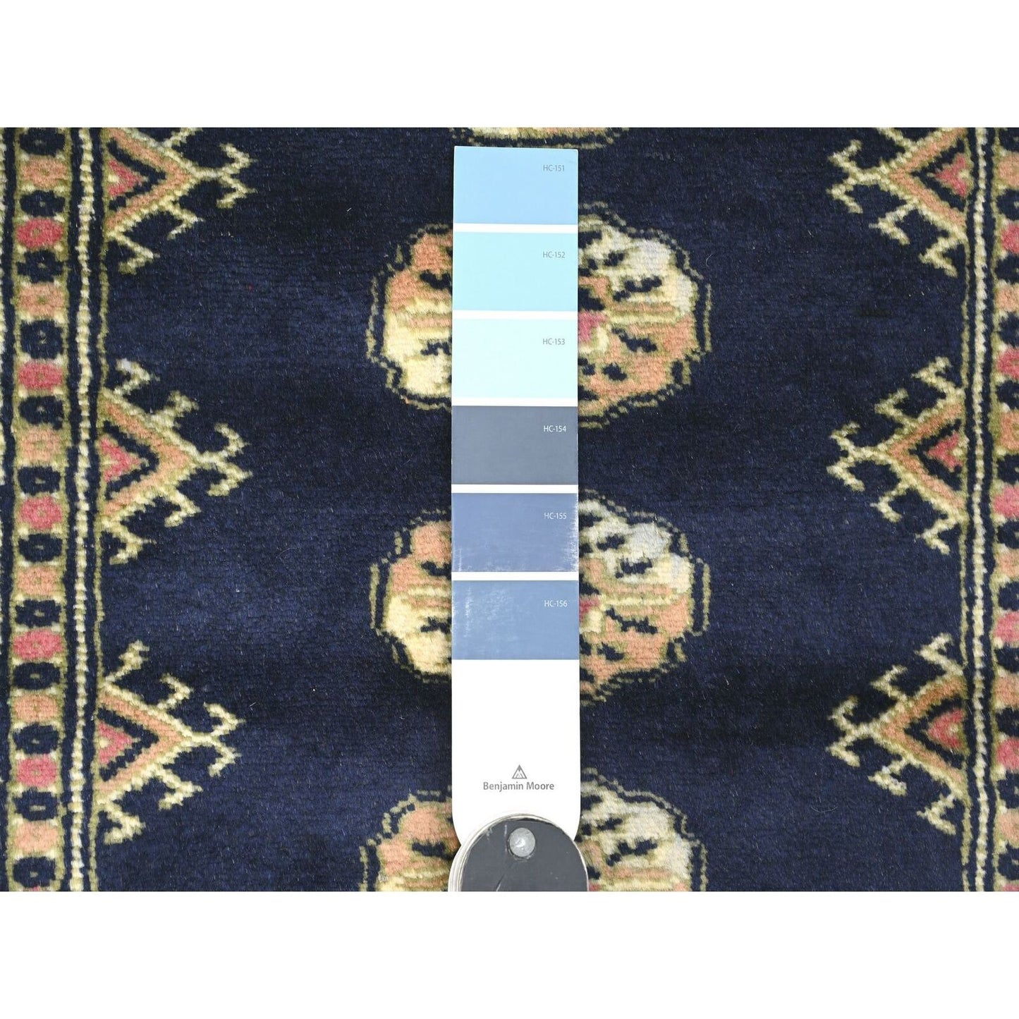 2'6"X16'10" Blue Mori Bokara Geometric Motif Wool Hand Knotted Runner Rug