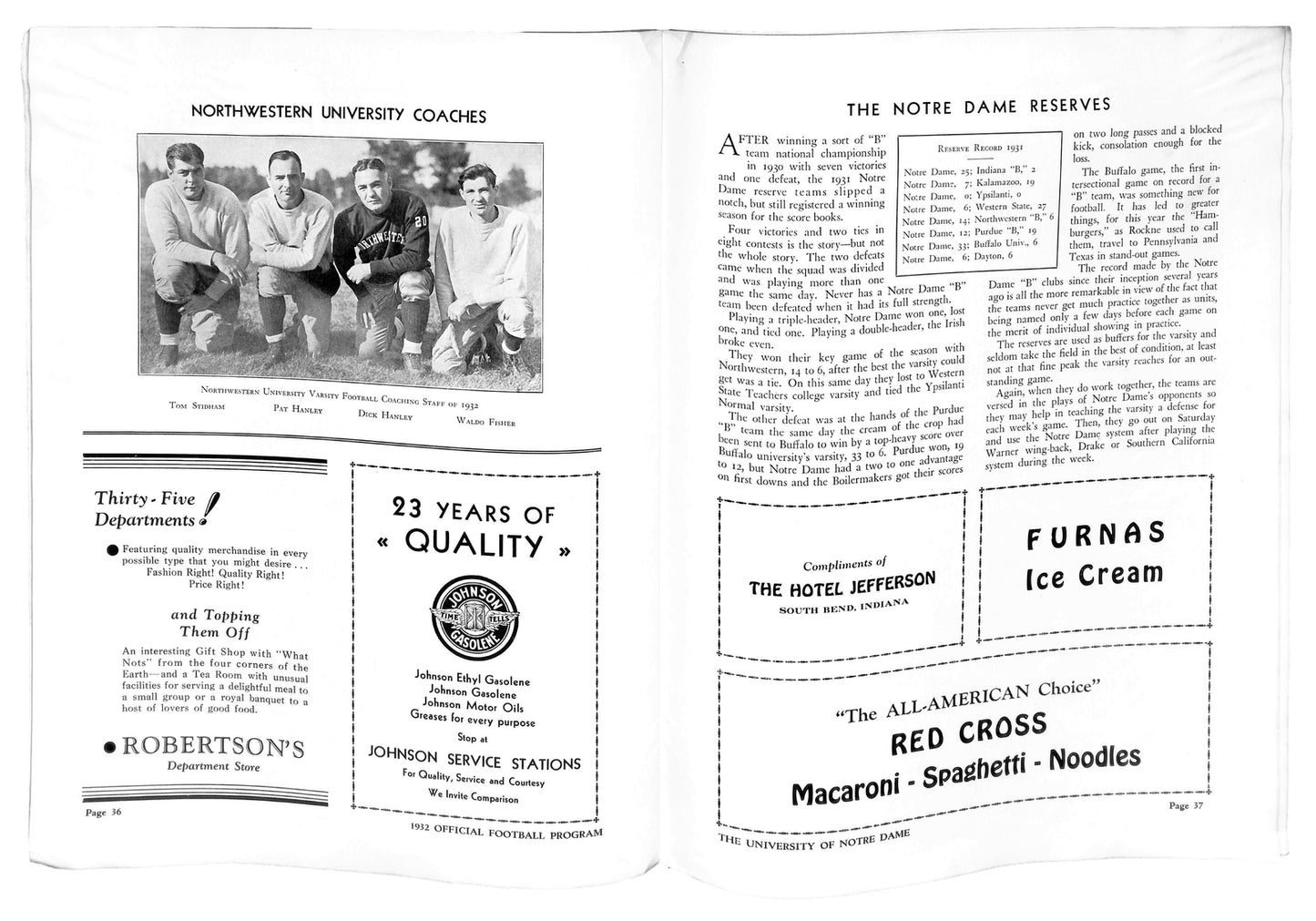 11/12/1932 Northwestern Vs. Notre Dame Program