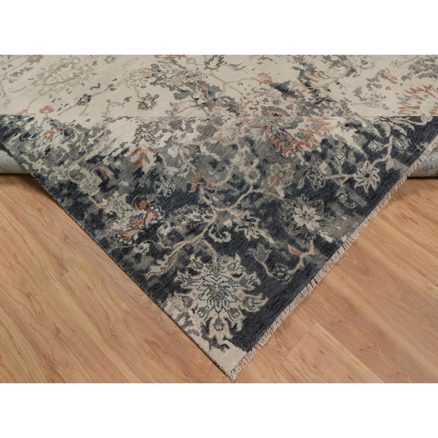 9'X12'2" Ivory Agra Design Botanical Pattern Hand Knotted Pure Wool Rug