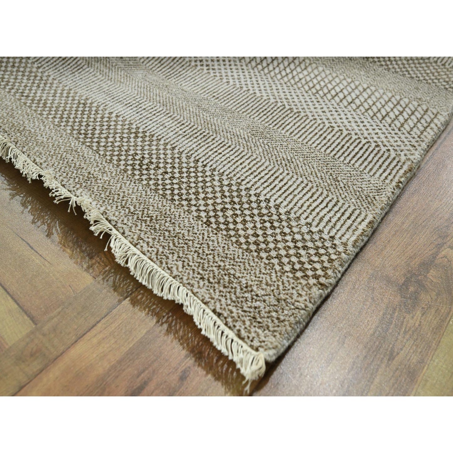 10'X14' Brown Modern Grass Design Wool And Silk Hand Knotted Oriental Rug