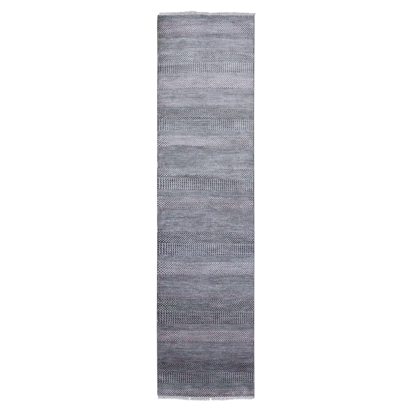 2'8"X10'2" Gray Wool And Silk Hand Knotted Modern Grass Design Runner Rug