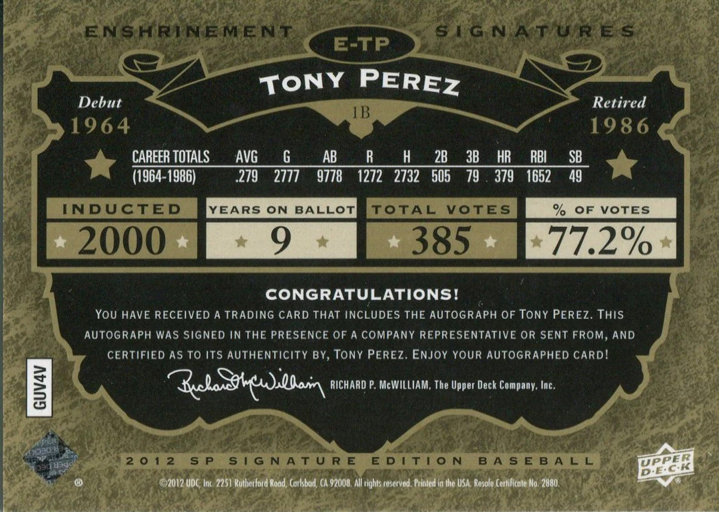 Tony Perez 2012 Autographed Card Upper Deck Sp Signature Edition 04/20