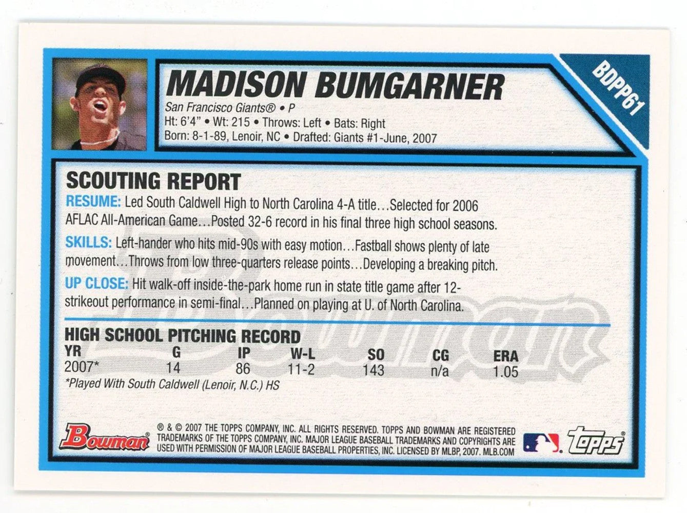 Madison Bumgarner 2007 Topps 1St Bowman #Bdpp61