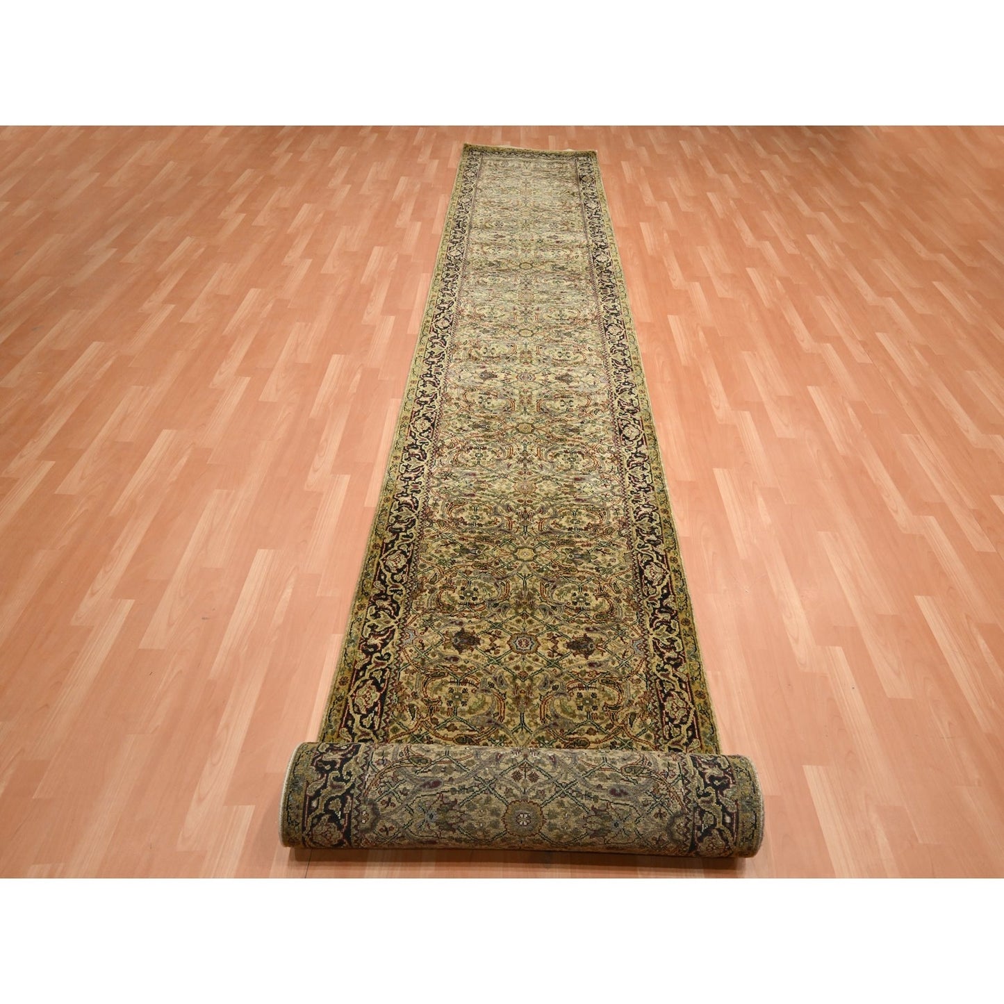 3'2"X19'4" Gold Yellow Hand Knotted Rajasthan Leaf Design Wool Runner Rug