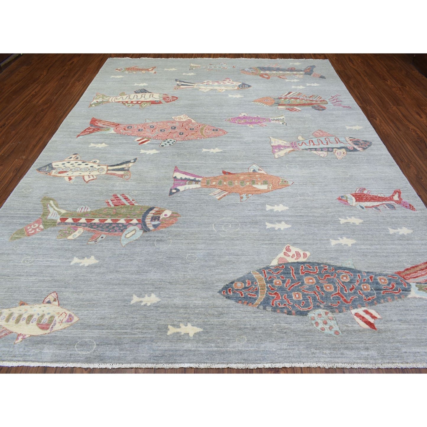 9'2"X11'9" Light Gray Soft Wool Hand Knotted Afghan Peshawar Rug
