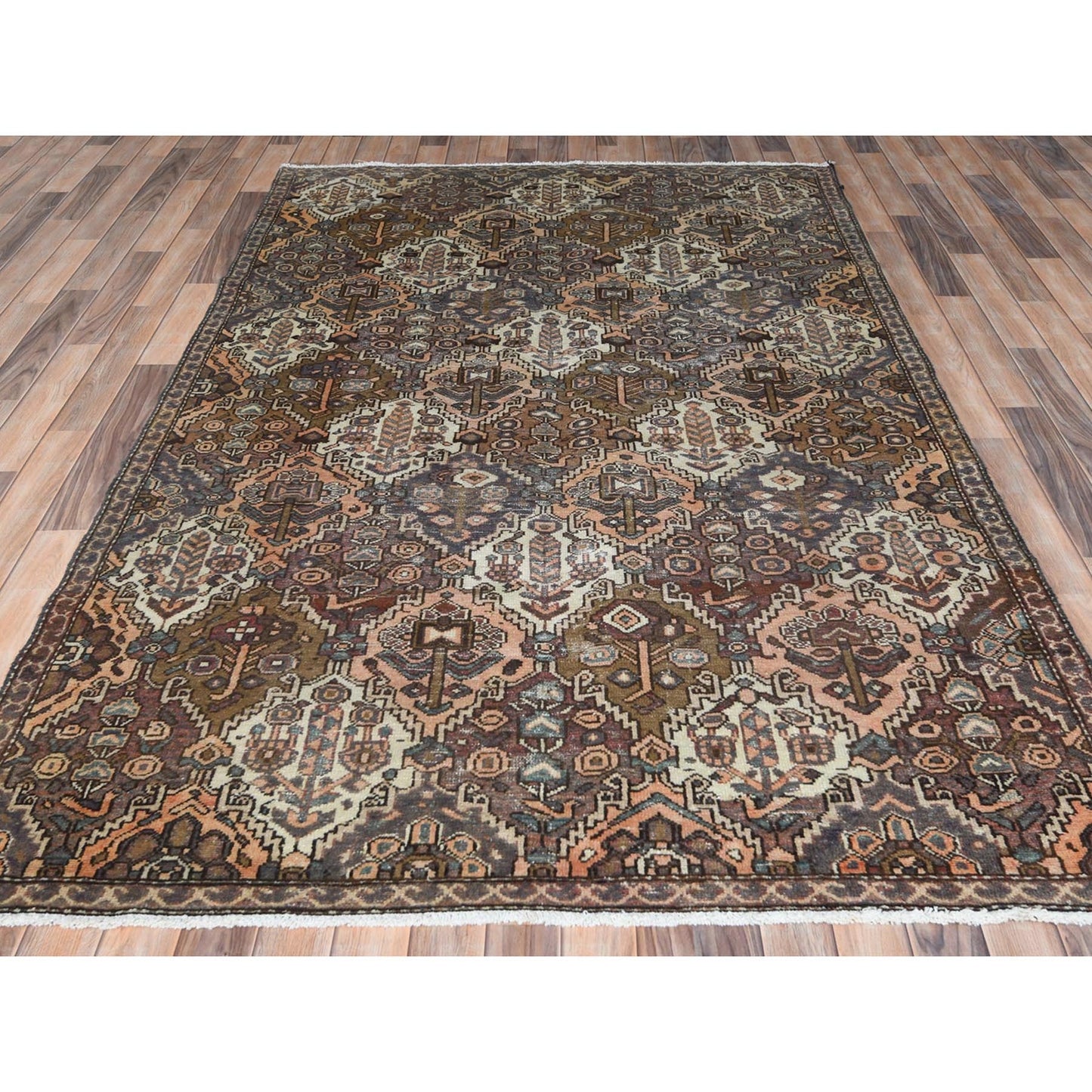 5'7"X8'5" Brown Worn Wool Hand Knotted Vintage Farsian Baktiarjoon Rug