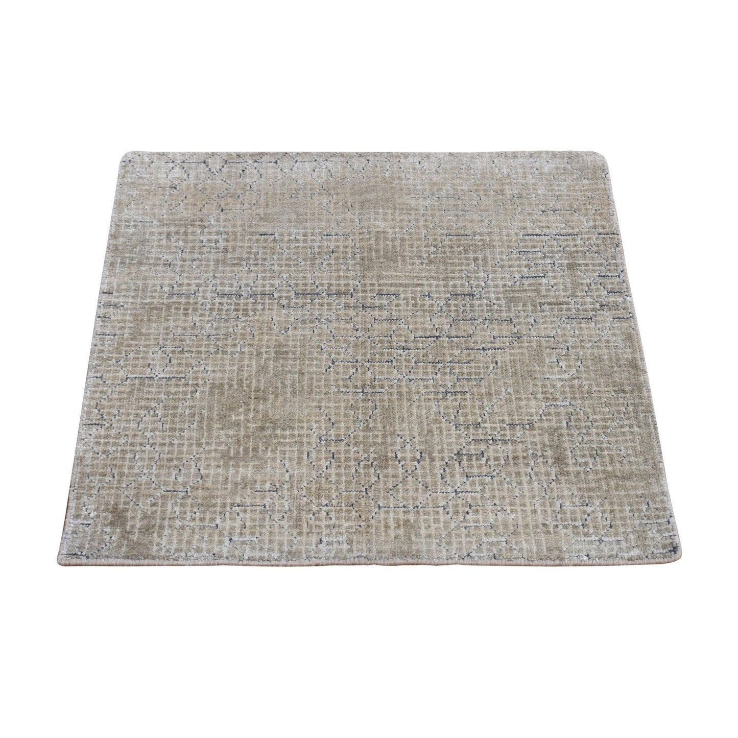 2'X2'3" White Pure Silk Broken And Erased Design Hand Knotted Sample Rug