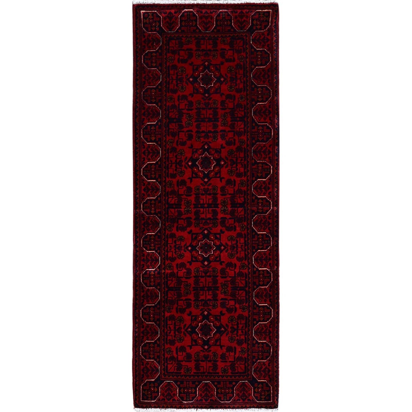 1'8"X4'9" Red Afghan Khamyab Geometric Pattern Hand Knotted Wool Runner Rug