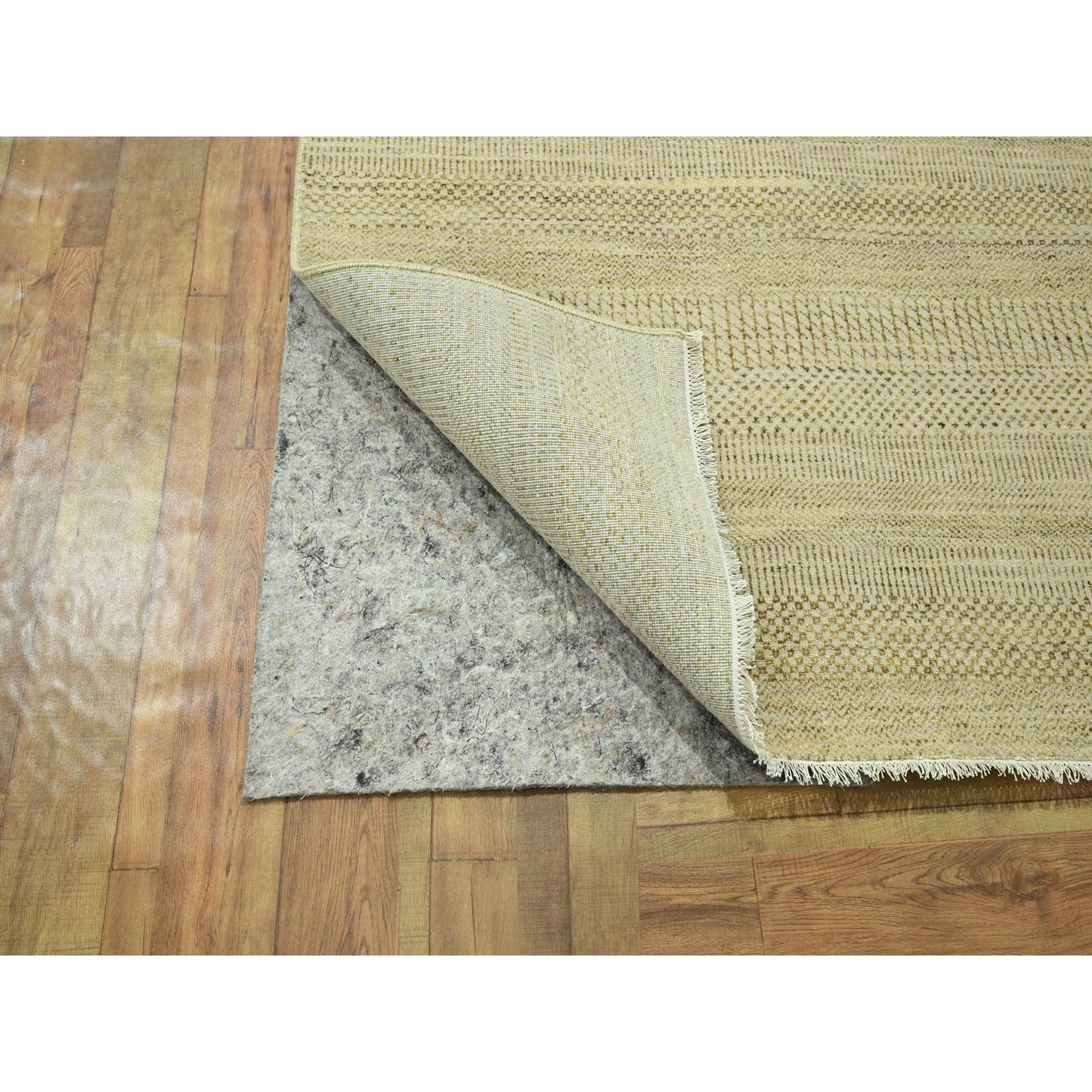 9'1"X12'3" Ecru Brown Modern Grass Design Hand Knotted Wool And Silk Rug