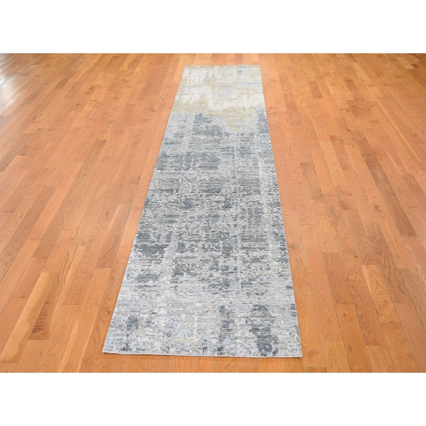 2'6"X12'4" Abstract Design Denser Weave Wool And Silk Runner Oriental Rug