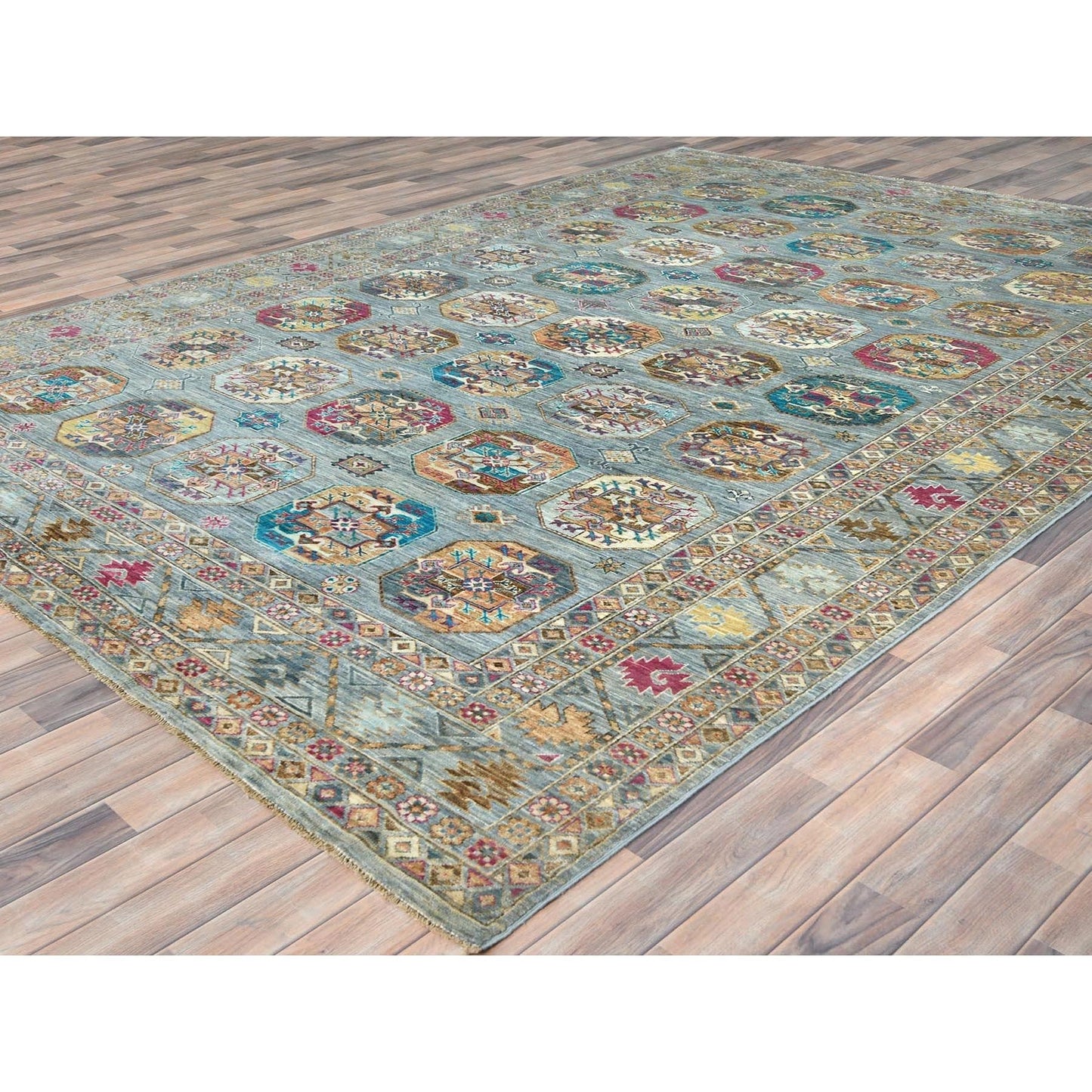 8'8"X11'9" Light Blue Soft Wool Hand Knotted Afghan Super Kazak Rug