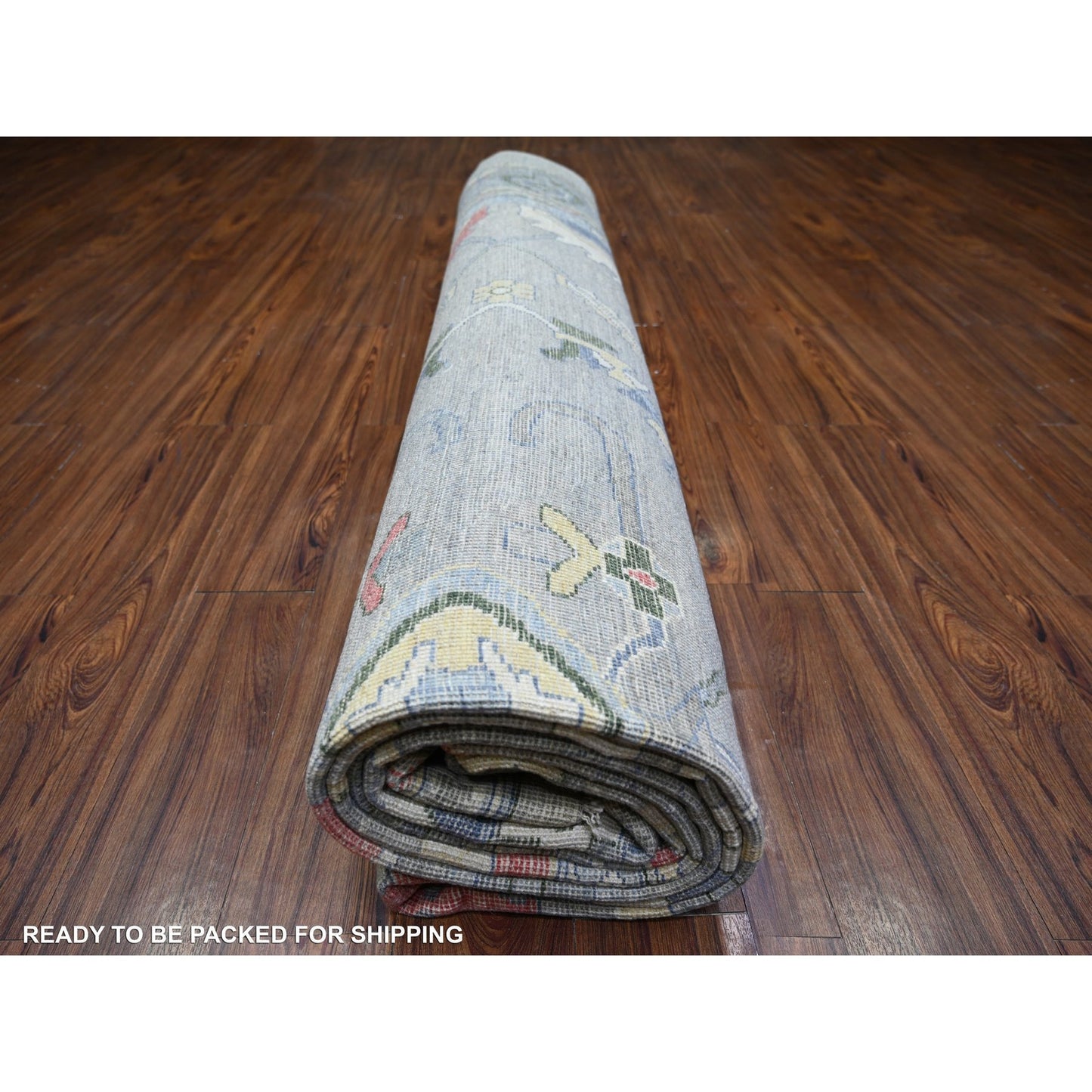 12'2"X15'5" Gray Angora Oushak Colorful Motifs Soft Wool Oriental Rug
