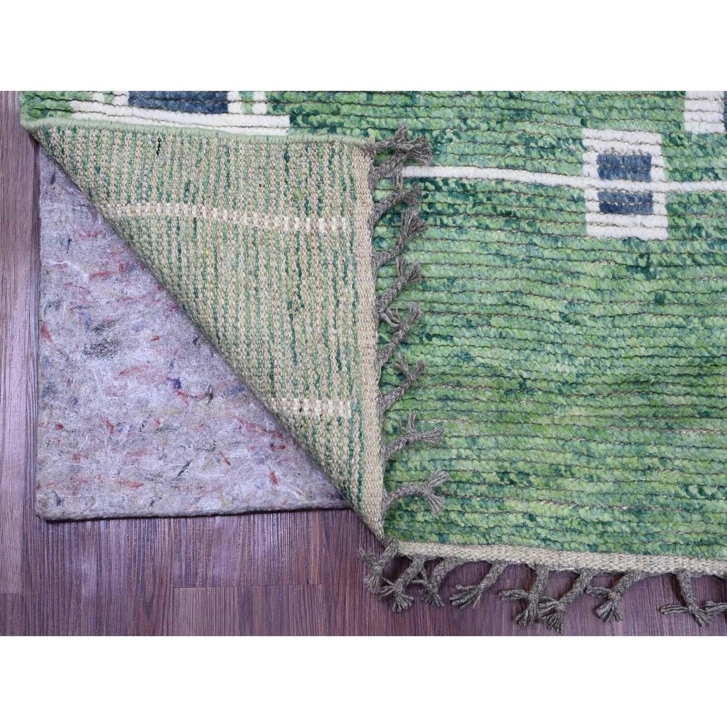 5'1"X12'3" Green Moroccan Weave Line Design Wool Hand Knotted Runner Rug