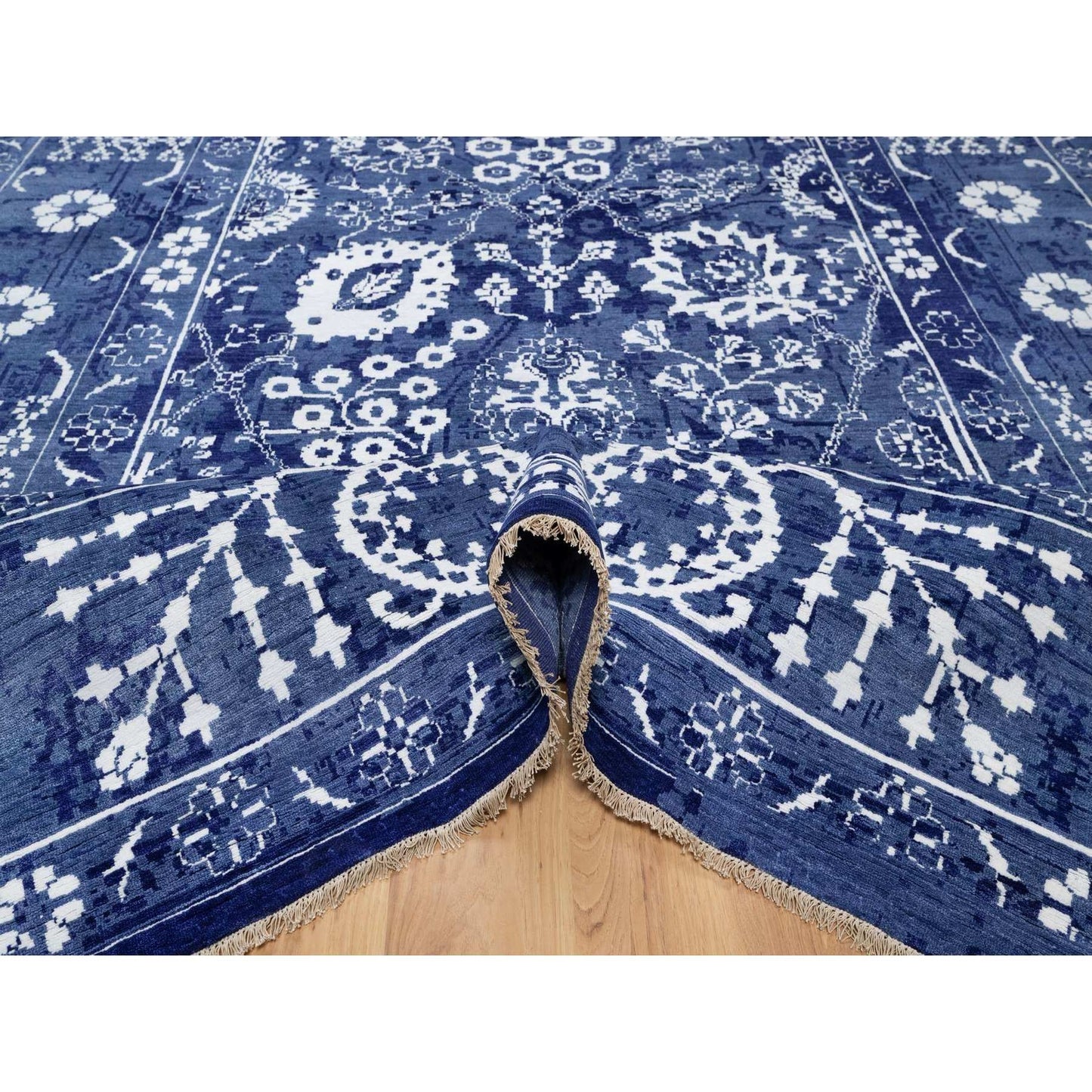 9'X12' Yale Blue Hand Knotted Tebraz With Leaf Motifs Wool And Silk Rug