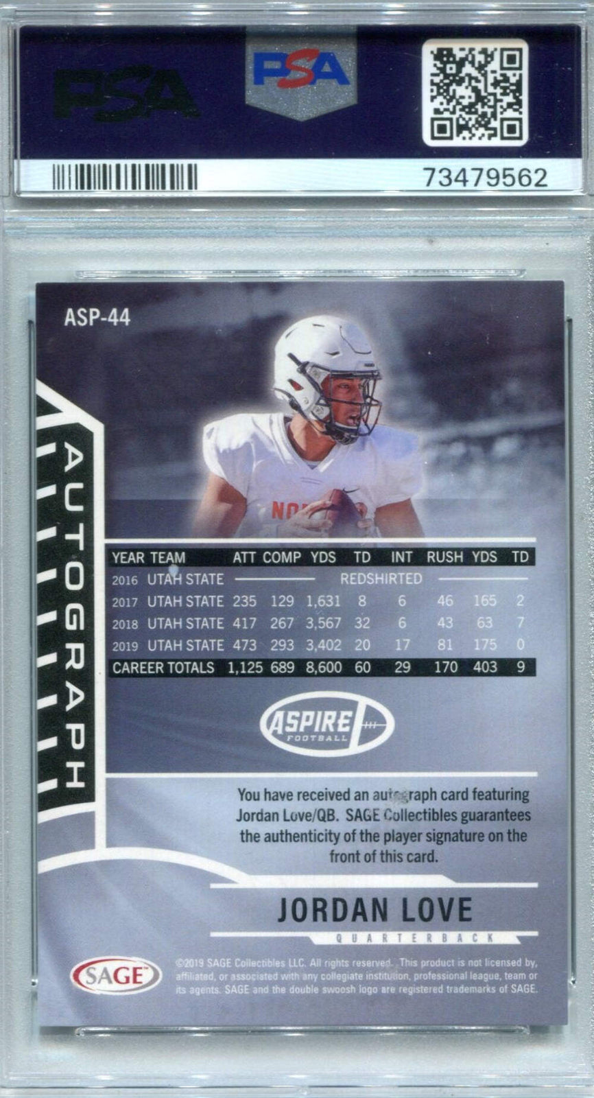 Jordan Love 2020 Sage Aspire #Asp44 Card Psa 8 Autographed Card