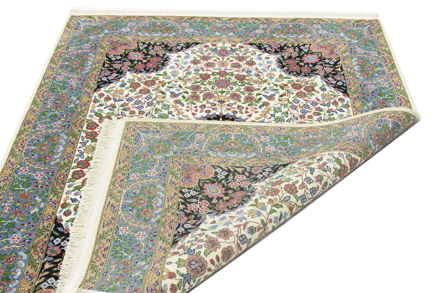 Handmade Kirman Oriental Rug Cream & Blue Floral