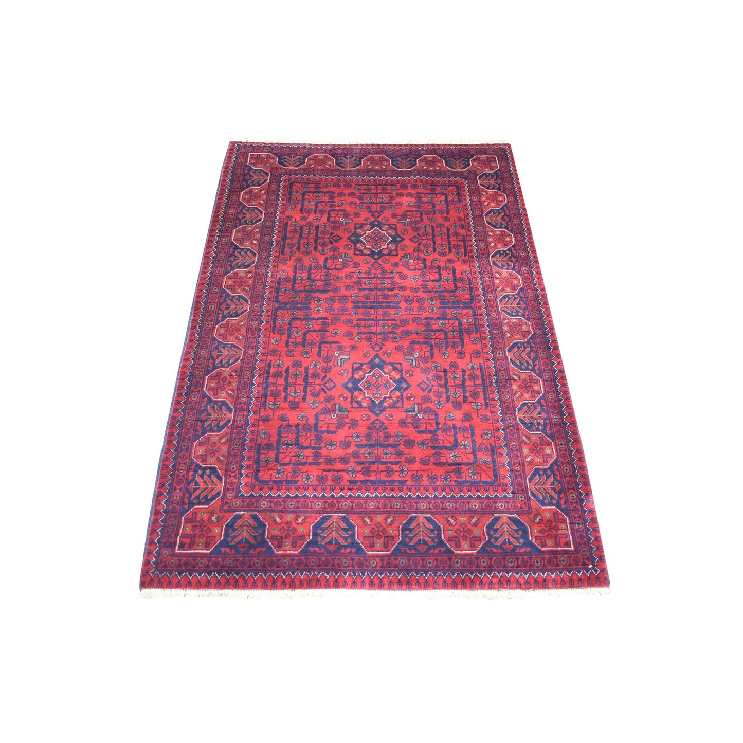 3'5"X4'10" Deep Red Afghan Khamyab Shiny Wool Hand Knotted Rug