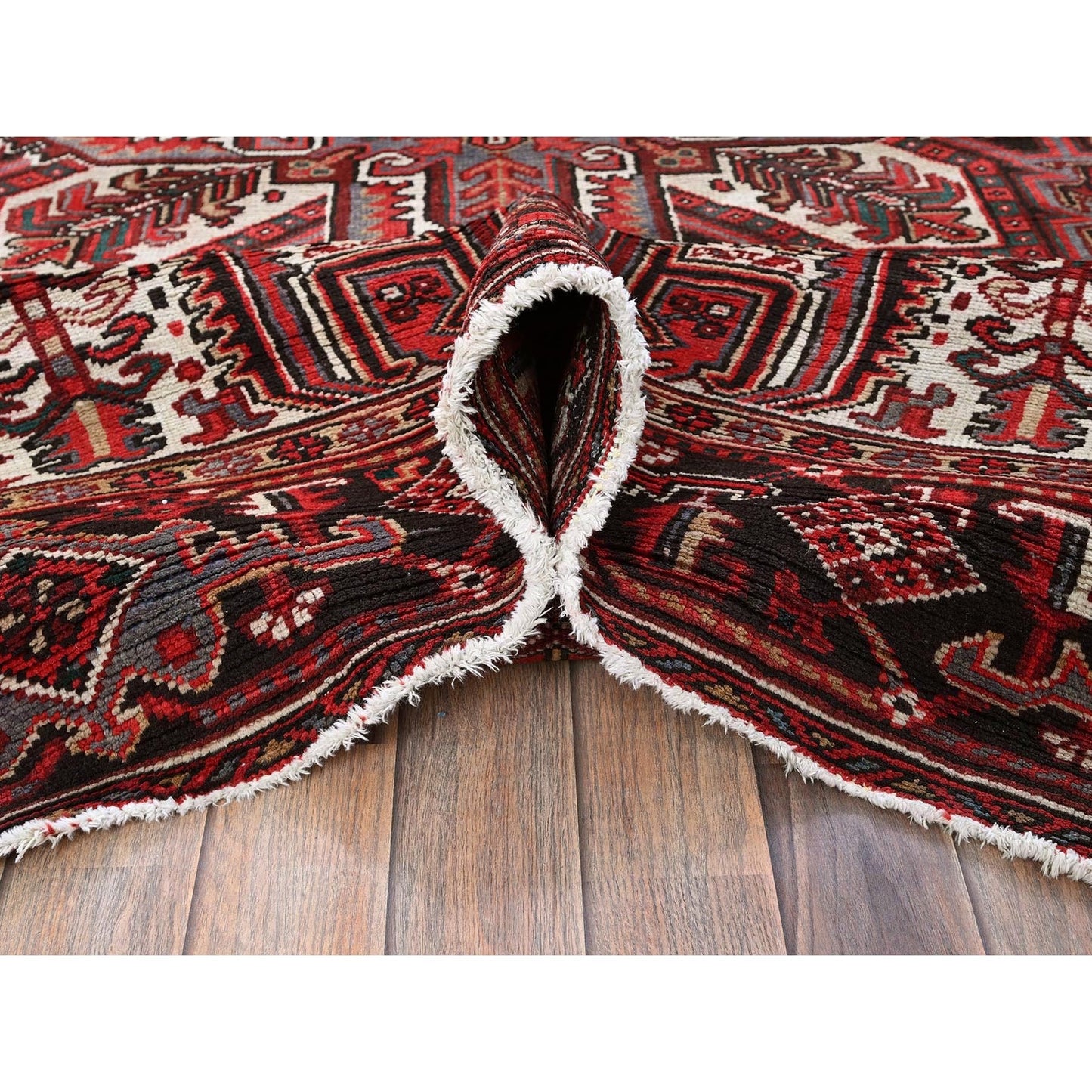 7'7"X10'9" Red Vintage Zoroastrian Heris Worn Down Hand Knotted Wool Rug