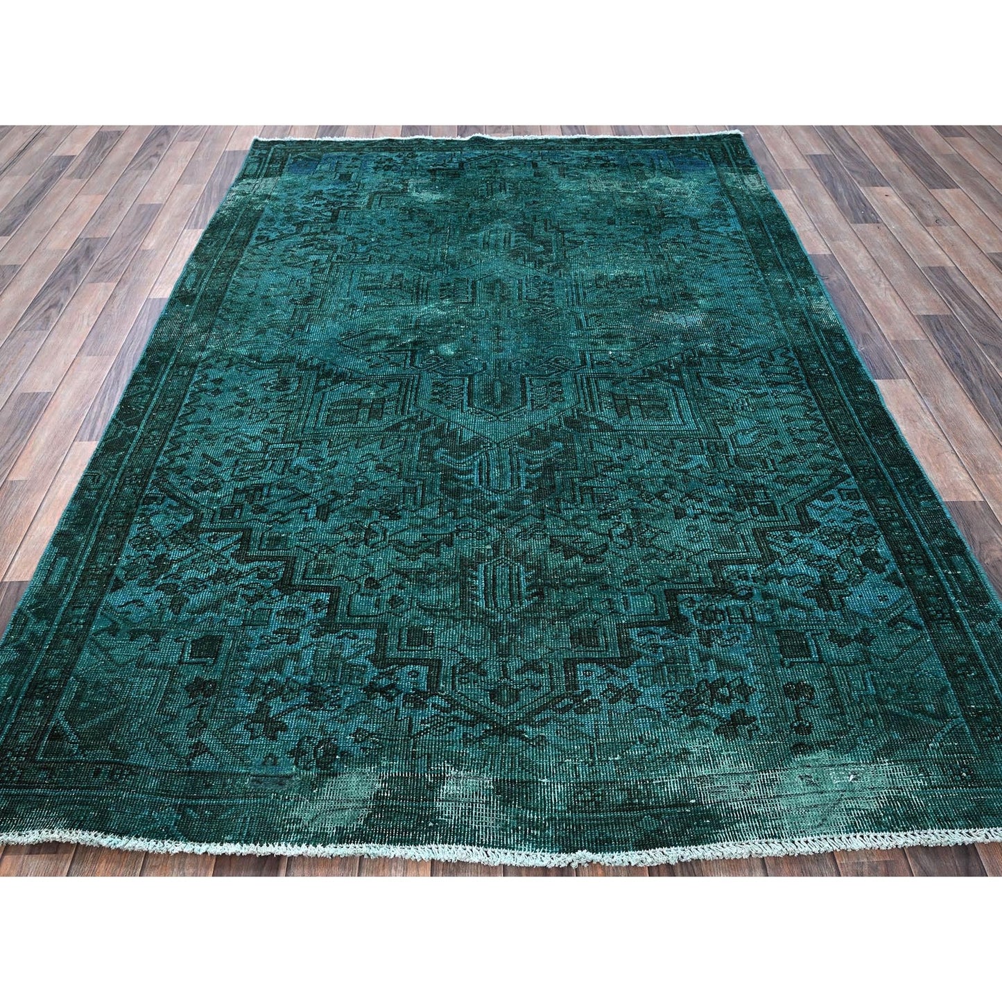 5'5"X8'3" Teal Overdyed Vintage Zoroastrian Heris Hand Knotted Wool Rug
