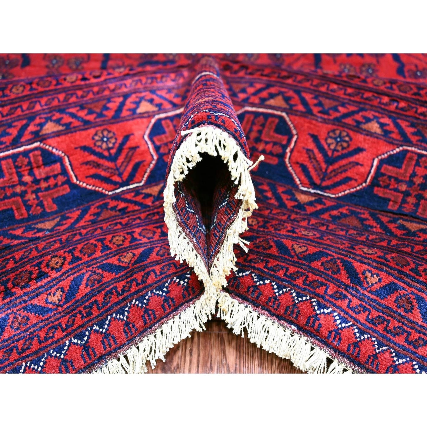 9'10"X12'10" Red Hand Knotted Afghan Khamyab Geometric Design Wool Rug