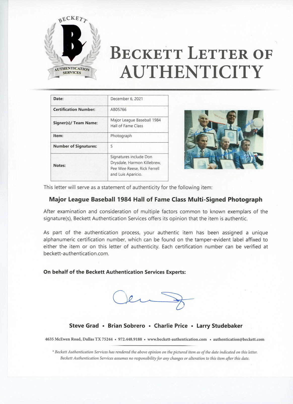 Harmon Killebrew Don Drysdale Pee Wee Reese Rick Ferrell & Luis Aparicio Signed