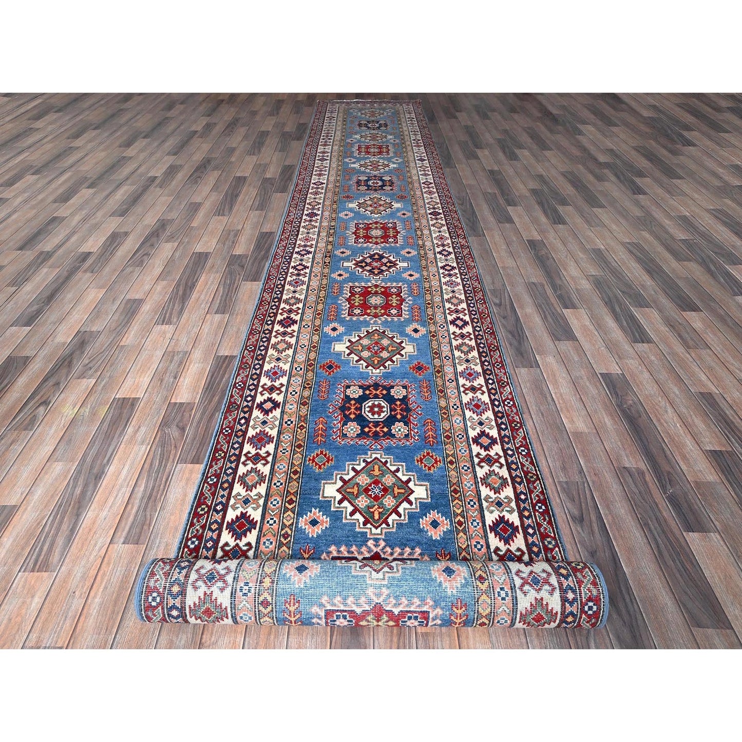 3'4"X19'6" Blue Kazak Geometric Design Soft Wool Hand Knotted Runner Rug