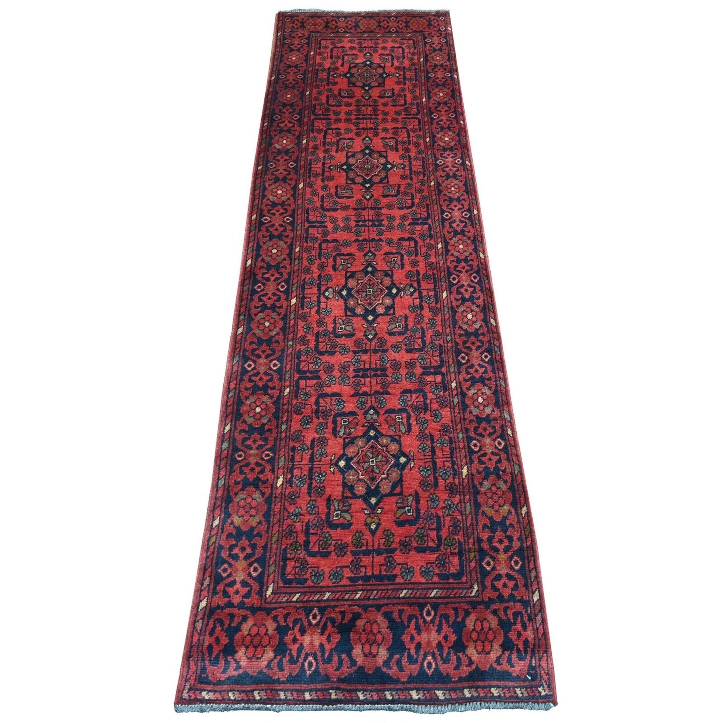 2'1"X7'9" Red Andkhoy Geometric Design Pure Wool Hand Knotted Runner Rug