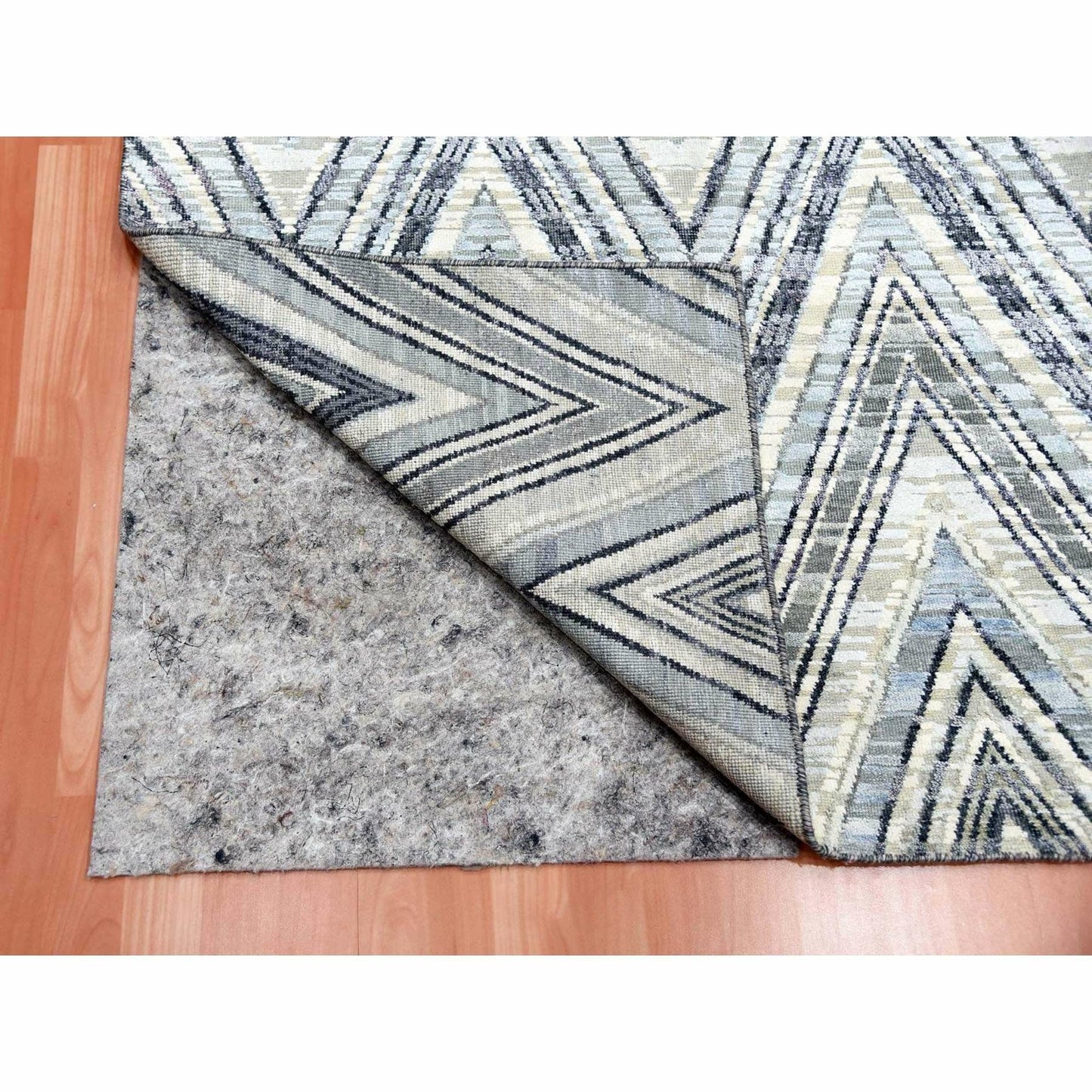 4'2"X12'4" Ivory Modern Textured Wool-Pure Silk Hand Knotted Runner Rug