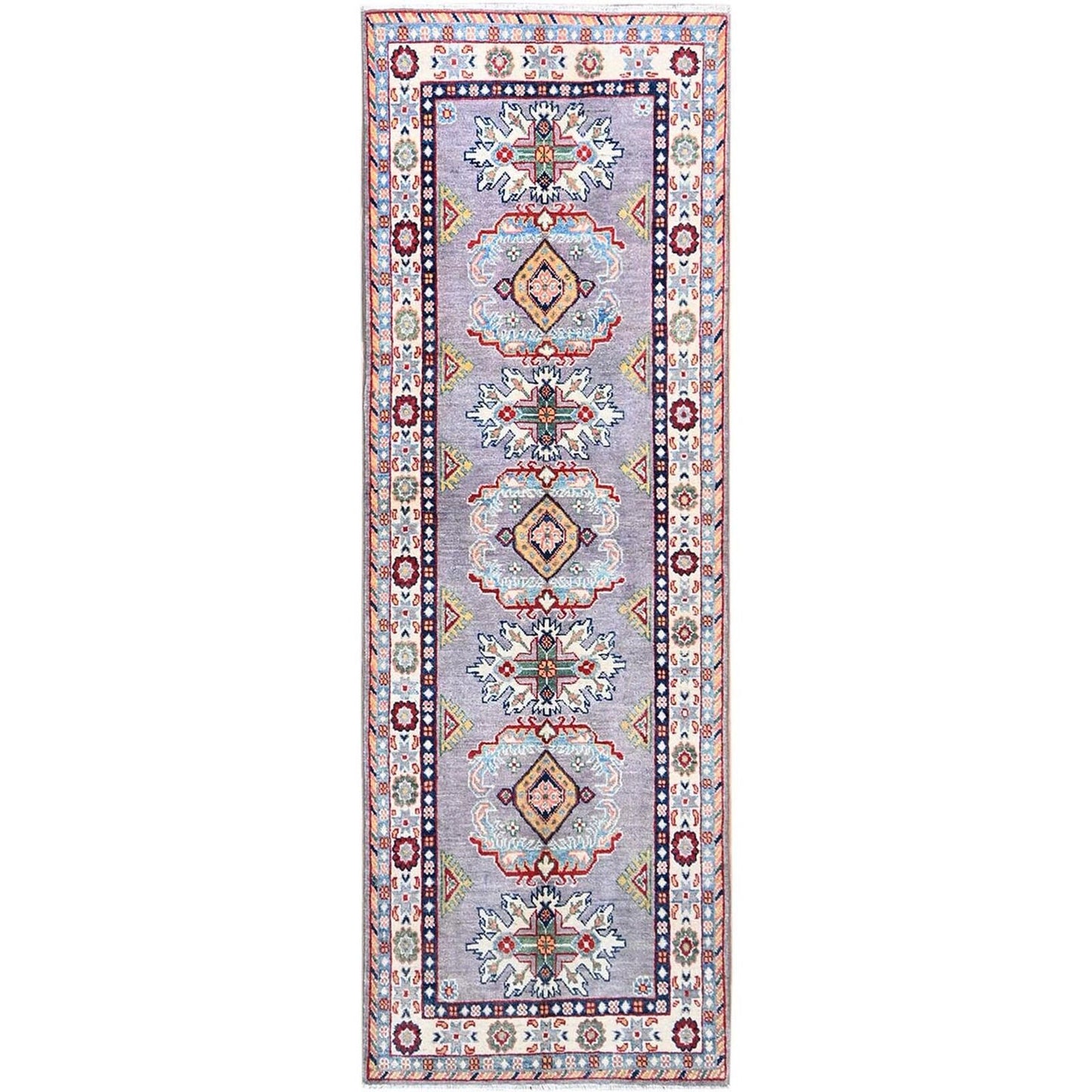 2'9"X7'10" Gray Kazak Tribal Medallions Hand Knotted Oriental Runner Rug