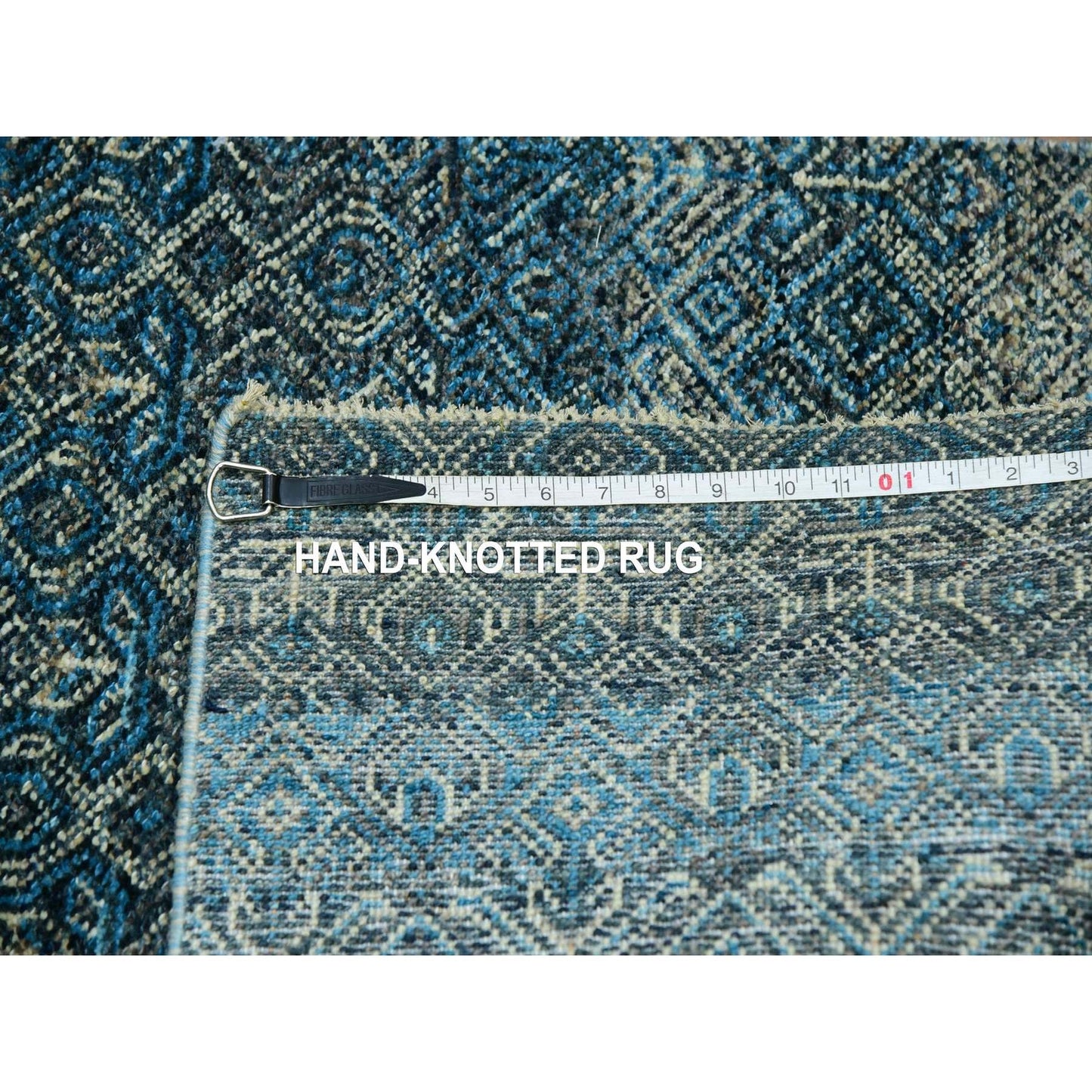 2'8"X8'1" Blue Hand Knotted Kohinoor Repetitive Diamond Wool Runner Rug
