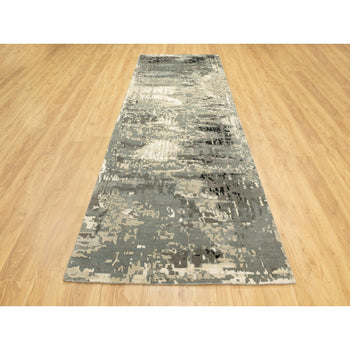 4'X12' Hand Knotted Taupe Abstract Design Wool Silk Runner Hi-Low Rug