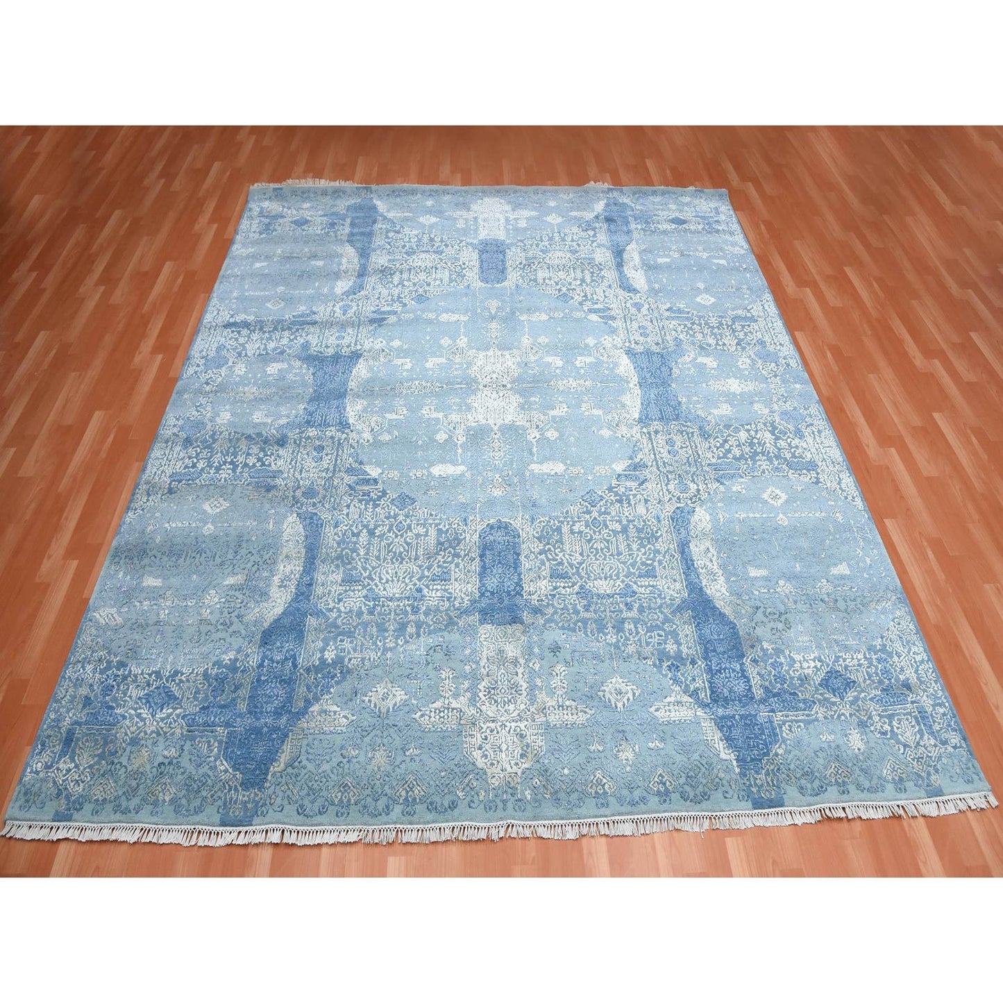 10'2"X10'2" Blue, Hand Knotted Jewellery Design, Wool And Silk Square Rug