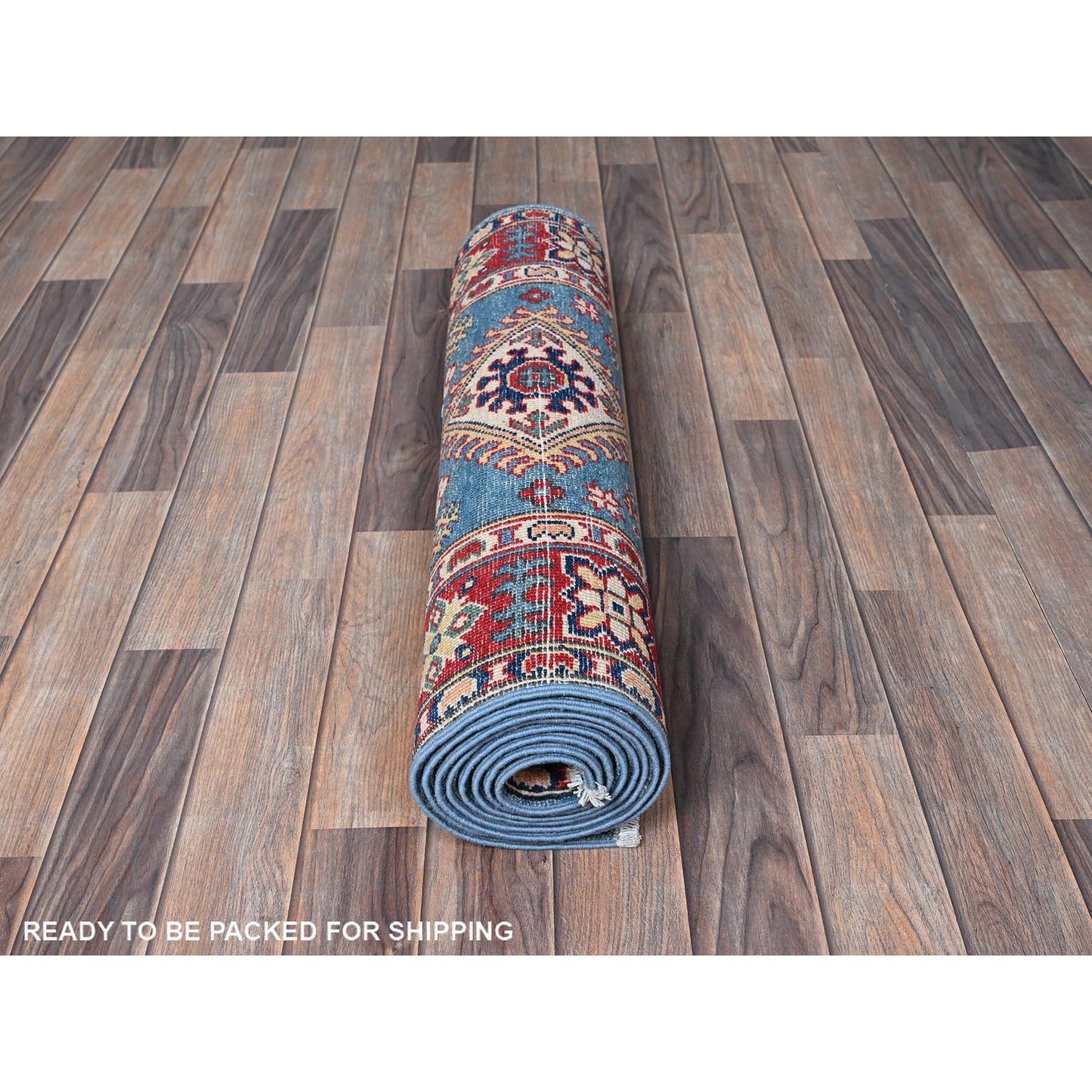 2'9"X9'6" Blue Kazak With Tribal Design Hand Knotted Soft Wool Runner Rug