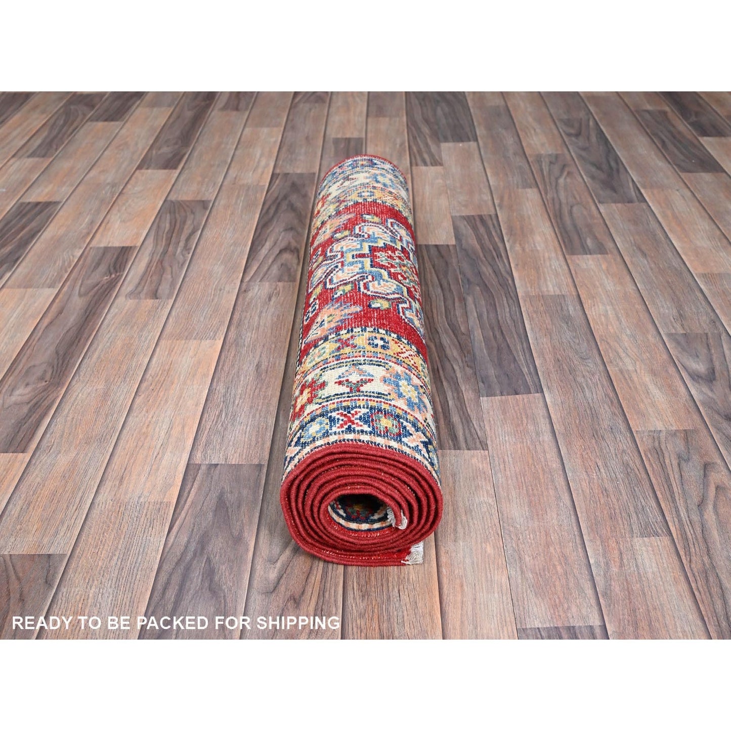 2'9"X6'10" Red Hand Knotted Wool Denser Weave Kazak Runner Oriental Rug