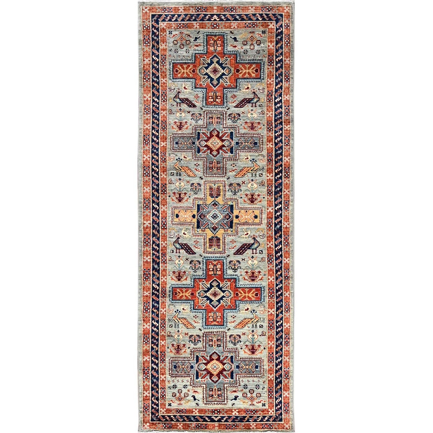 2'9"X7'6" Pastel Gray Caucasian Design Soft Wool Hand Knotted Runner Rug